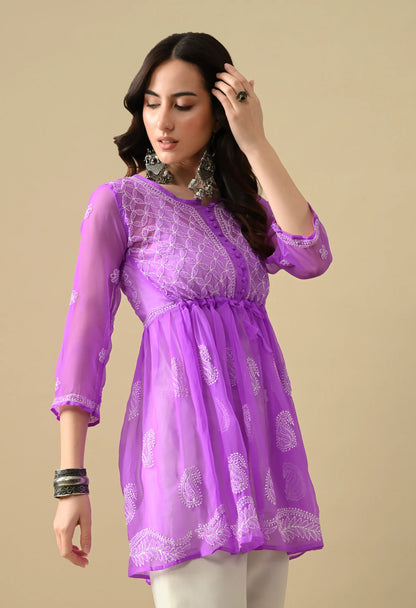 SOFT GEAORGETTE CHIKAN HANDWORK SHORT GOWN | PURPLE