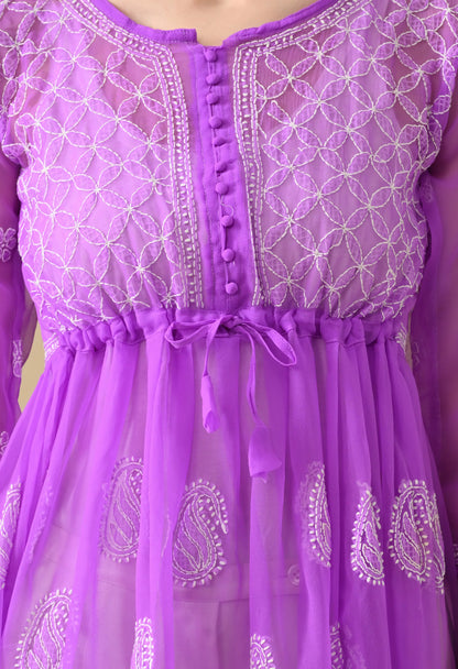 SOFT GEAORGETTE CHIKAN HANDWORK SHORT GOWN | PURPLE