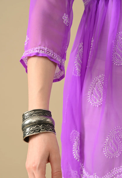 SOFT GEAORGETTE CHIKAN HANDWORK SHORT GOWN | PURPLE