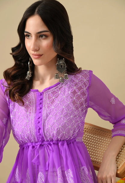SOFT GEAORGETTE CHIKAN HANDWORK SHORT GOWN | PURPLE