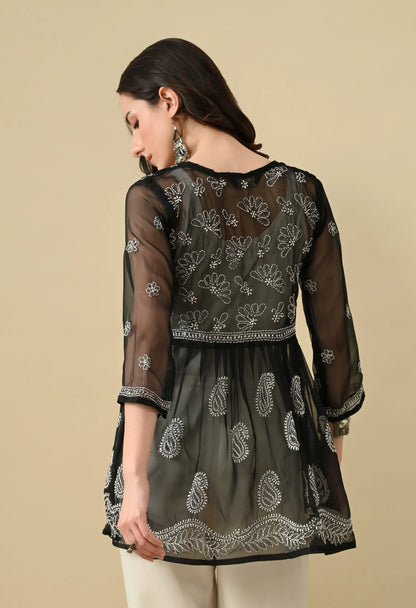 SOFT GEAORGETTE CHIKAN HANDWORK SHORT GOWN | BLACK