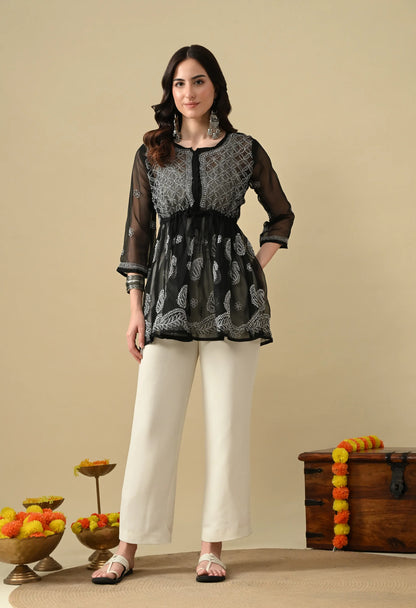 SOFT GEAORGETTE CHIKAN HANDWORK SHORT GOWN | BLACK