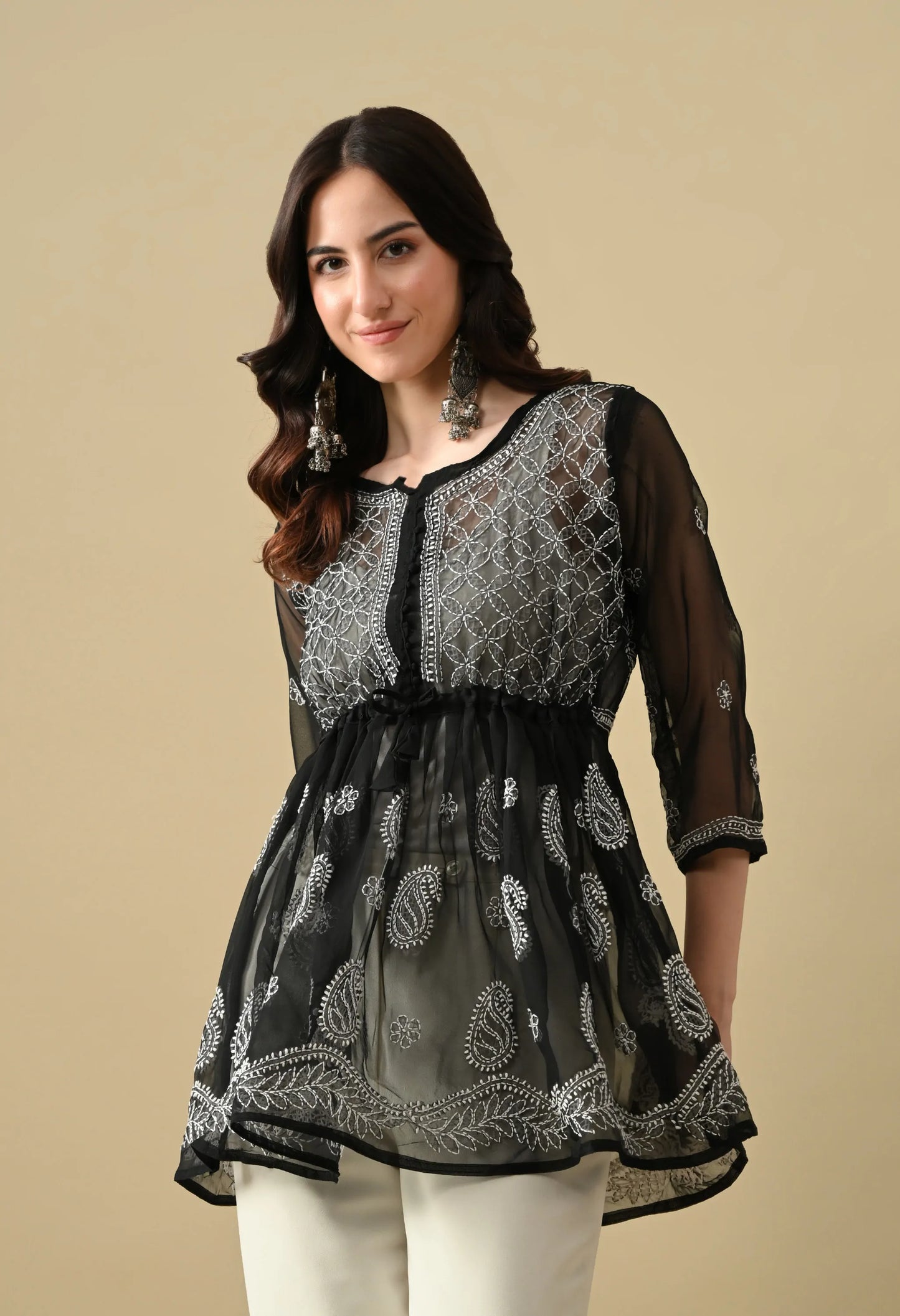 SOFT GEAORGETTE CHIKAN HANDWORK SHORT GOWN | BLACK