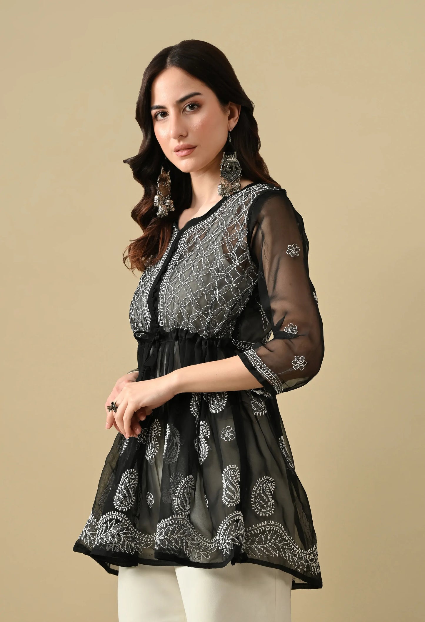 SOFT GEAORGETTE CHIKAN HANDWORK SHORT GOWN | BLACK