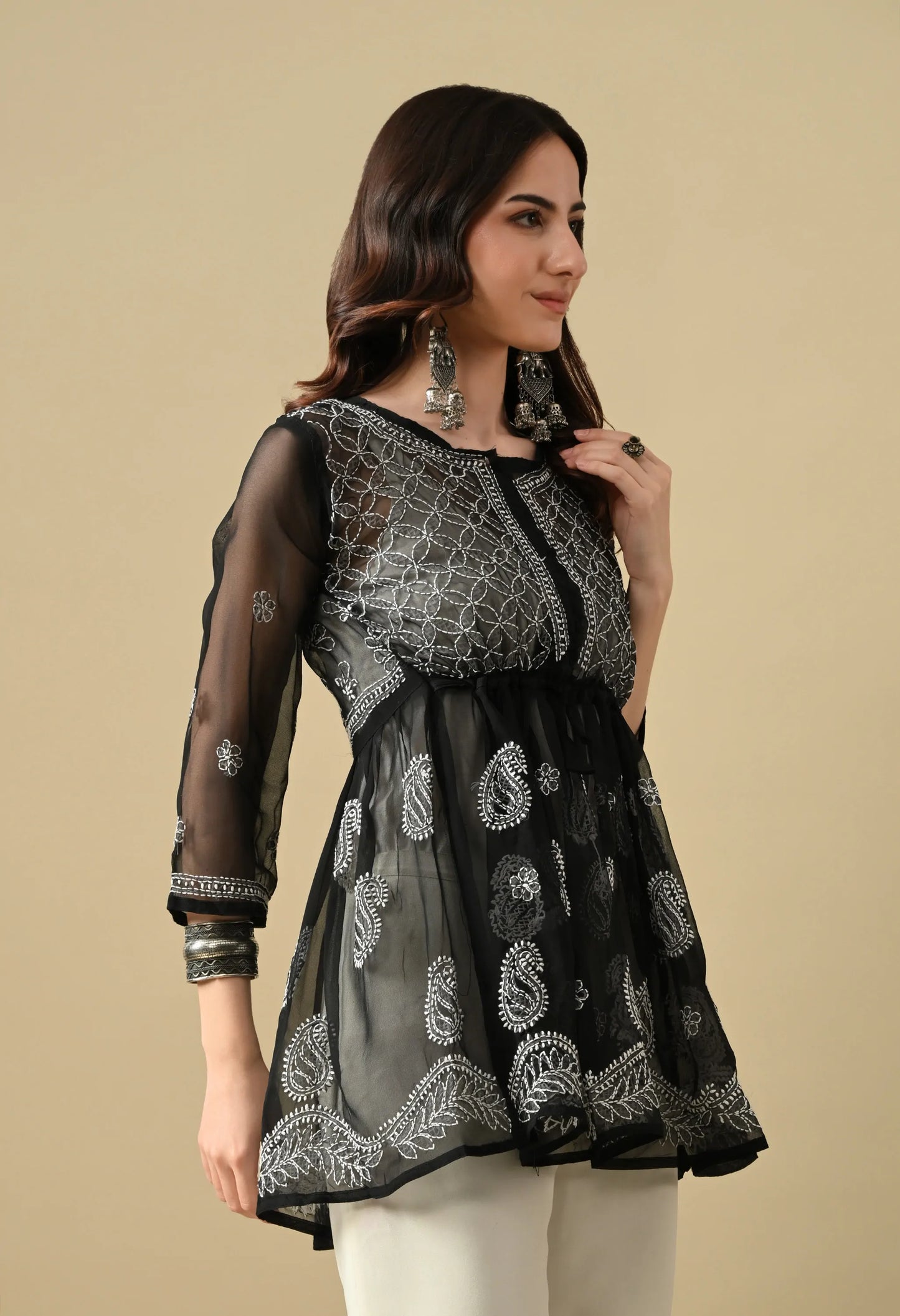SOFT GEAORGETTE CHIKAN HANDWORK SHORT GOWN | BLACK