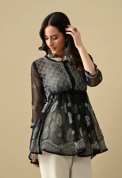 SOFT GEAORGETTE CHIKAN HANDWORK SHORT GOWN | BLACK