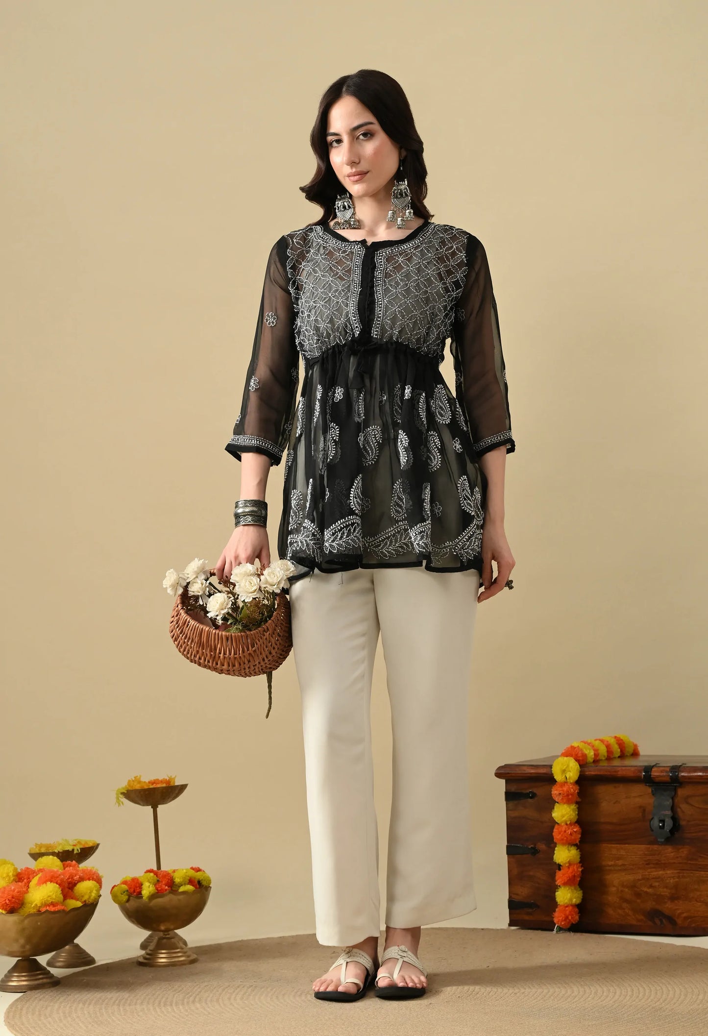 SOFT GEAORGETTE CHIKAN HANDWORK SHORT GOWN | BLACK