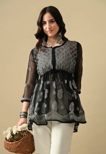 SOFT GEAORGETTE CHIKAN HANDWORK SHORT GOWN | BLACK