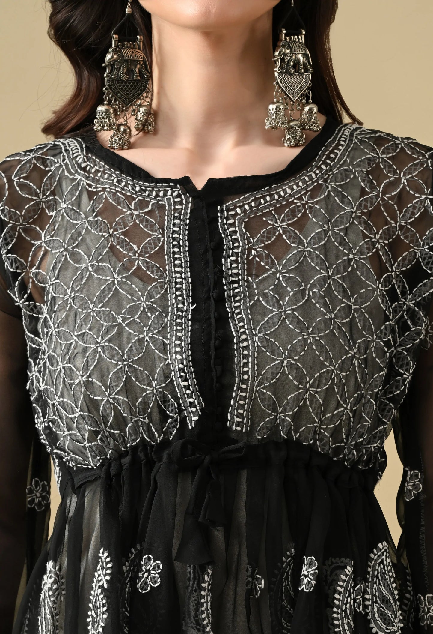 SOFT GEAORGETTE CHIKAN HANDWORK SHORT GOWN | BLACK