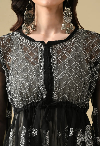 SOFT GEAORGETTE CHIKAN HANDWORK SHORT GOWN | BLACK