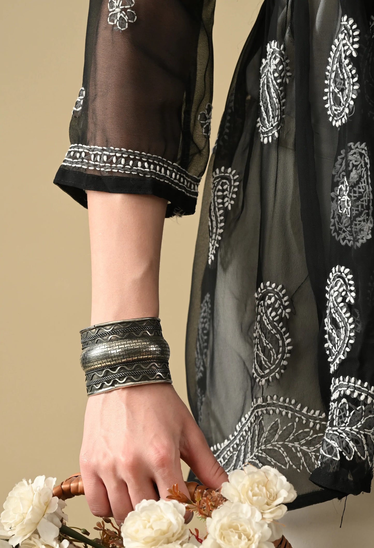 SOFT GEAORGETTE CHIKAN HANDWORK SHORT GOWN | BLACK