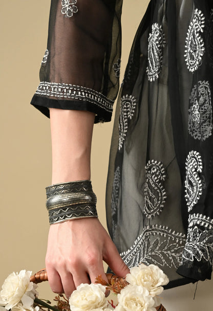 SOFT GEAORGETTE CHIKAN HANDWORK SHORT GOWN | BLACK
