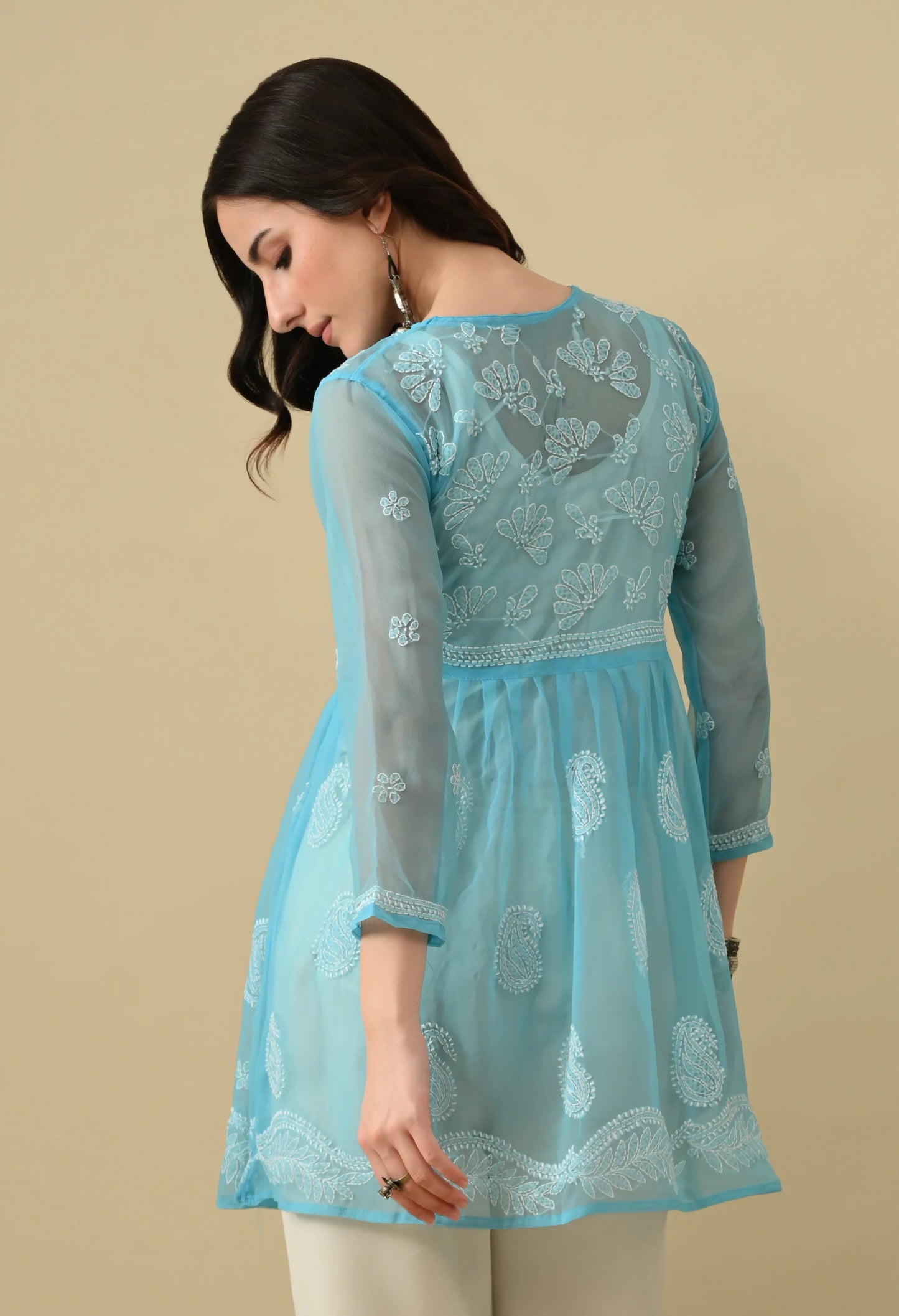 SOFT GEAORGETTE CHIKAN HANDWORK SHORT GOWN | SKY BLUE