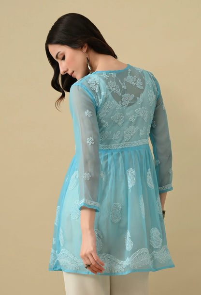 SOFT GEAORGETTE CHIKAN HANDWORK SHORT GOWN | SKY BLUE