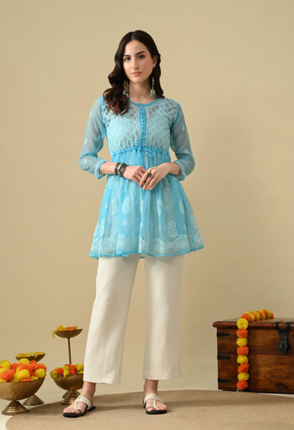 SOFT GEAORGETTE CHIKAN HANDWORK SHORT GOWN | SKY BLUE