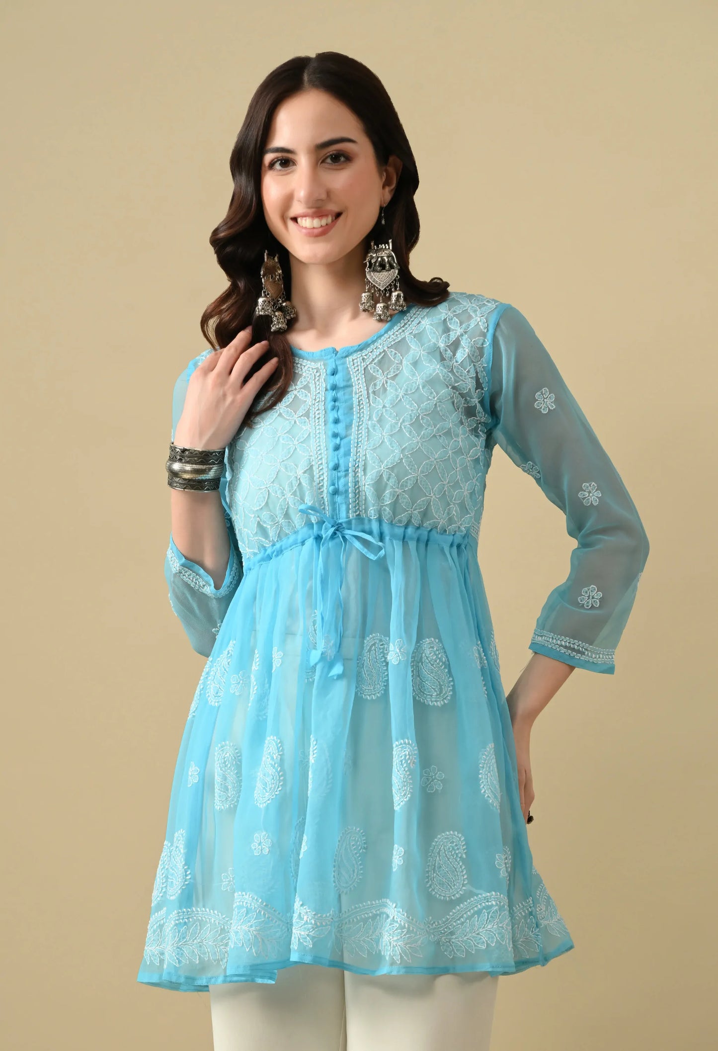 SOFT GEAORGETTE CHIKAN HANDWORK SHORT GOWN | SKY BLUE