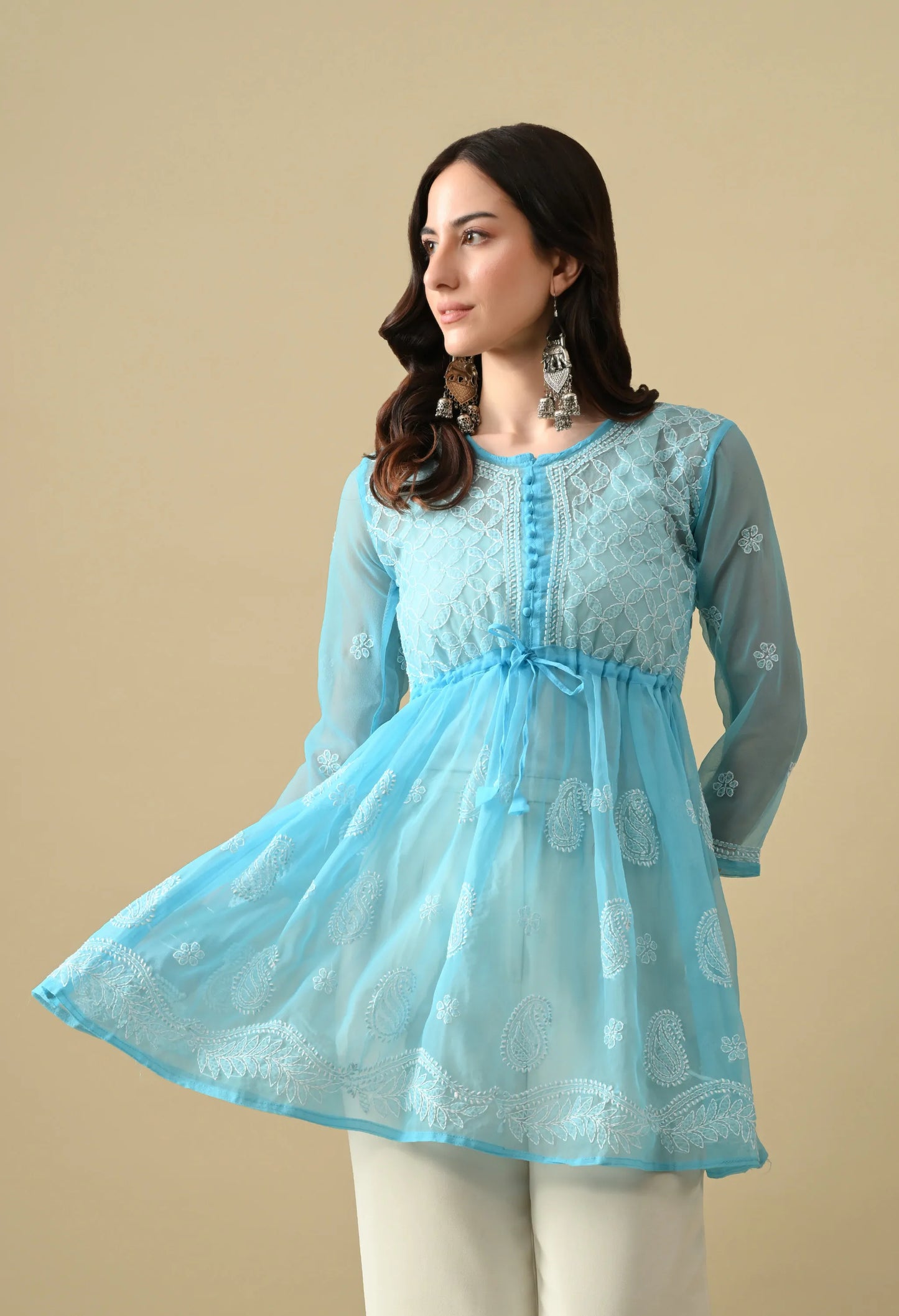SOFT GEAORGETTE CHIKAN HANDWORK SHORT GOWN | SKY BLUE