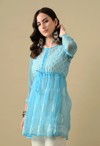 SOFT GEAORGETTE CHIKAN HANDWORK SHORT GOWN | SKY BLUE
