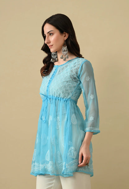 SOFT GEAORGETTE CHIKAN HANDWORK SHORT GOWN | SKY BLUE