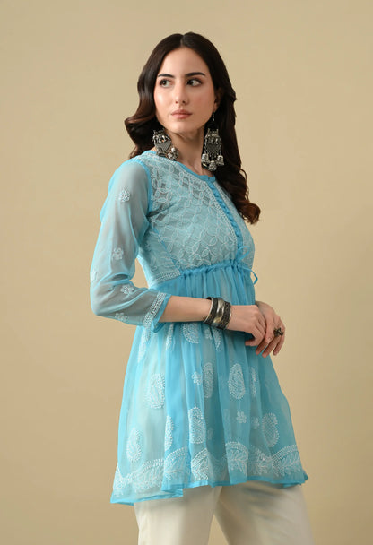 SOFT GEAORGETTE CHIKAN HANDWORK SHORT GOWN | SKY BLUE