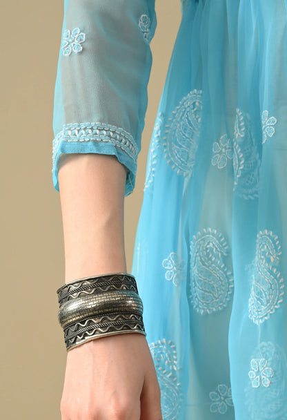 SOFT GEAORGETTE CHIKAN HANDWORK SHORT GOWN | SKY BLUE
