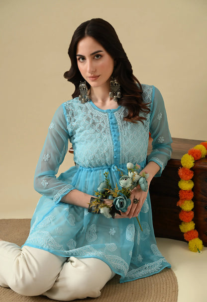 SOFT GEAORGETTE CHIKAN HANDWORK SHORT GOWN | SKY BLUE