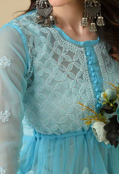 SOFT GEAORGETTE CHIKAN HANDWORK SHORT GOWN | SKY BLUE