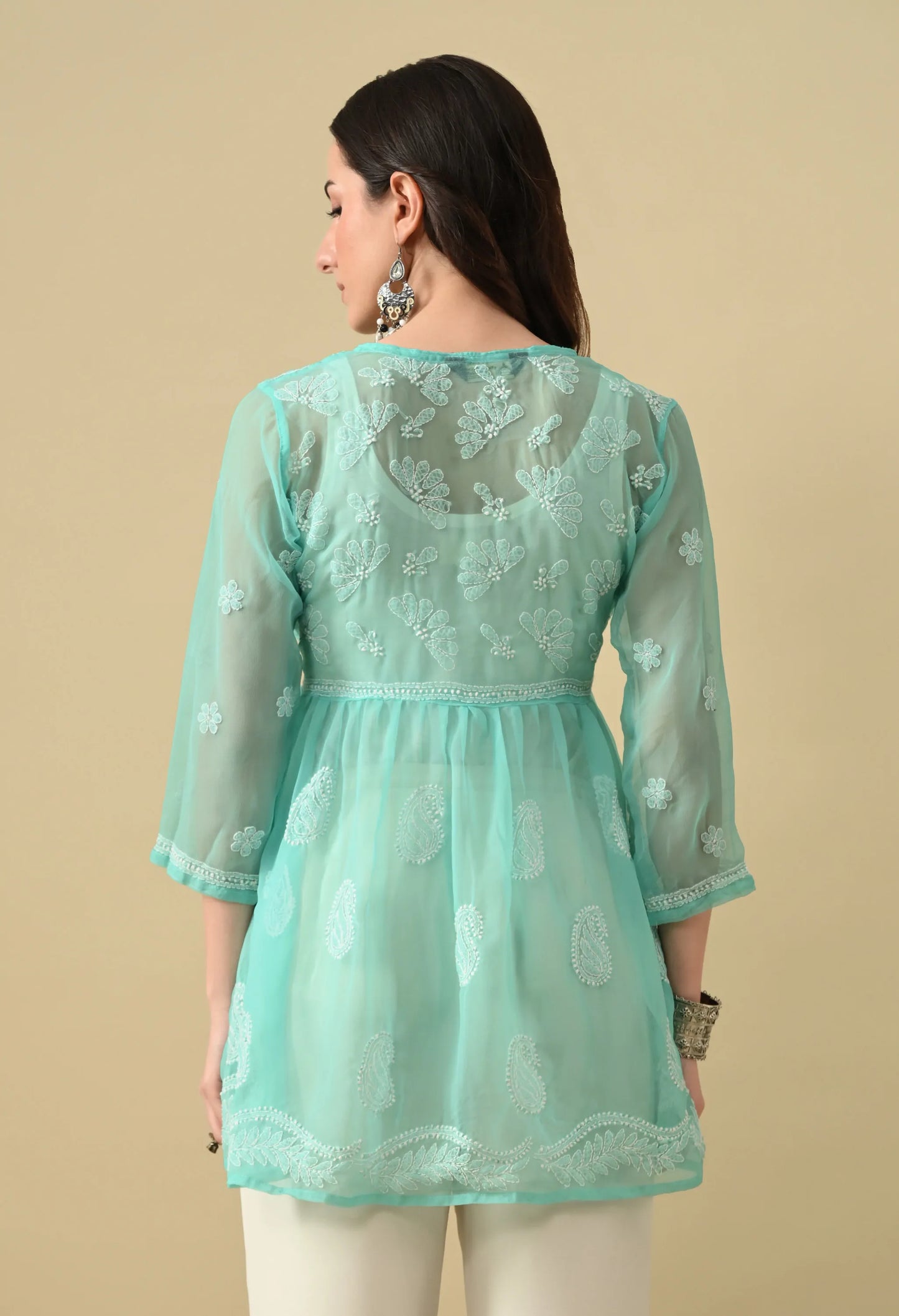 SOFT GEAORGETTE CHIKAN HANDWORK SHORT GOWN | MINT GREEN