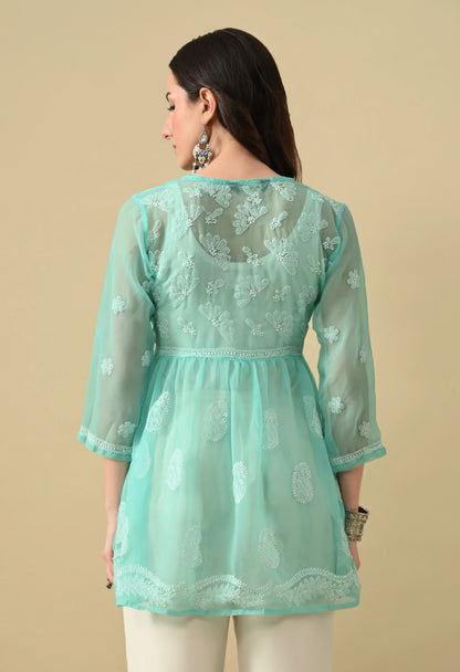 SOFT GEAORGETTE CHIKAN HANDWORK SHORT GOWN | MINT GREEN