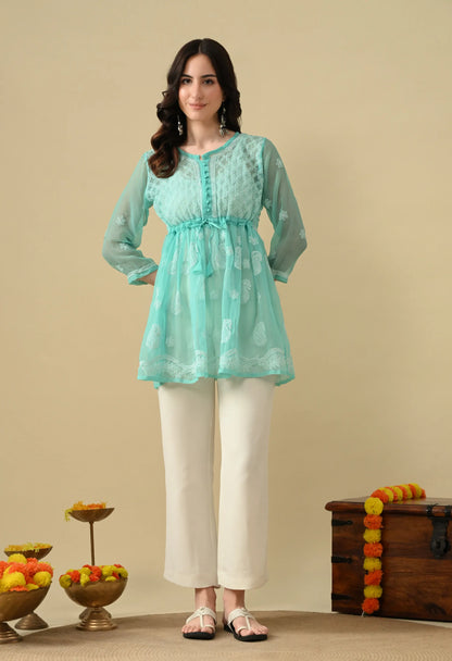 SOFT GEAORGETTE CHIKAN HANDWORK SHORT GOWN | MINT GREEN