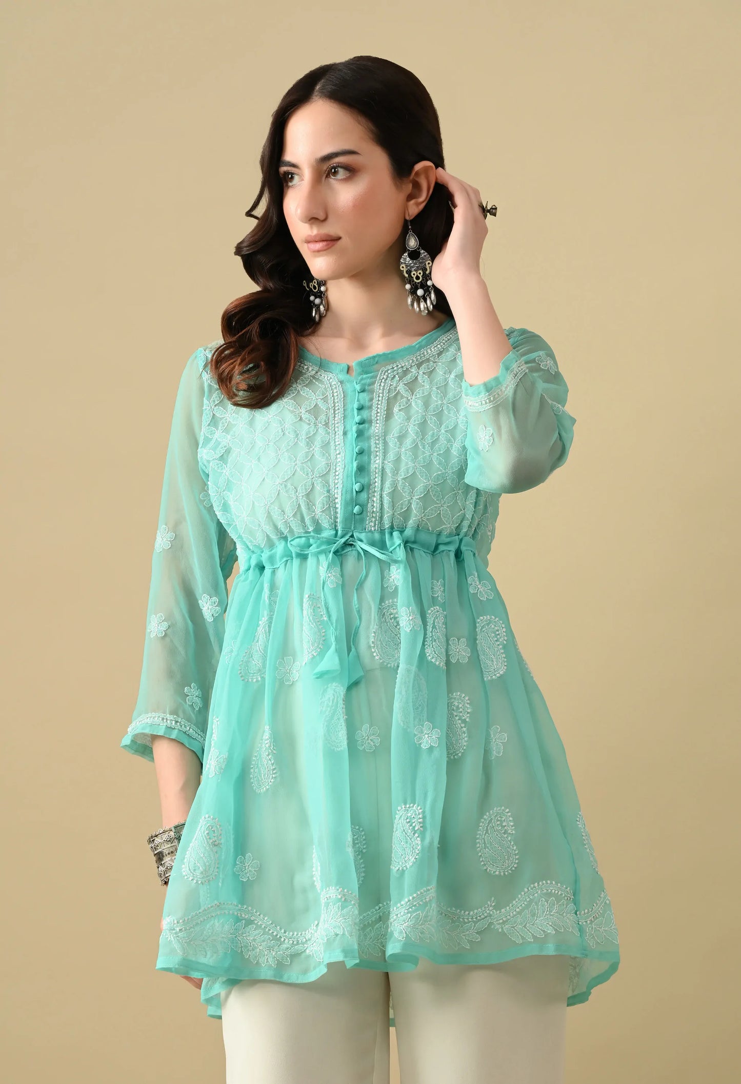 SOFT GEAORGETTE CHIKAN HANDWORK SHORT GOWN | MINT GREEN