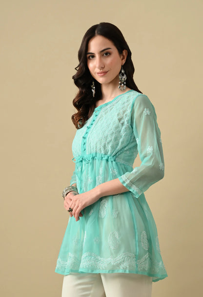 SOFT GEAORGETTE CHIKAN HANDWORK SHORT GOWN | MINT GREEN