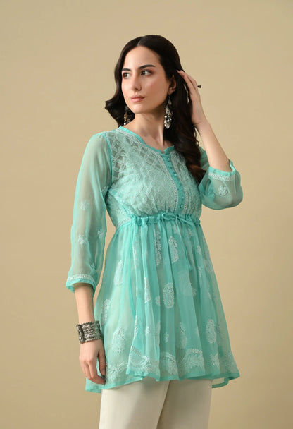 SOFT GEAORGETTE CHIKAN HANDWORK SHORT GOWN | MINT GREEN
