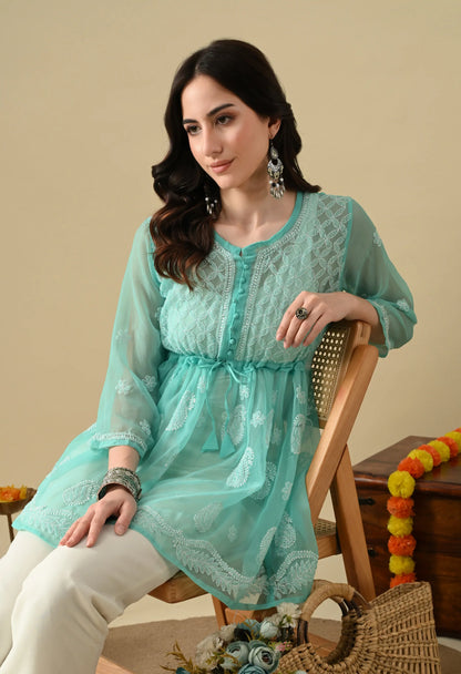 SOFT GEAORGETTE CHIKAN HANDWORK SHORT GOWN | MINT GREEN