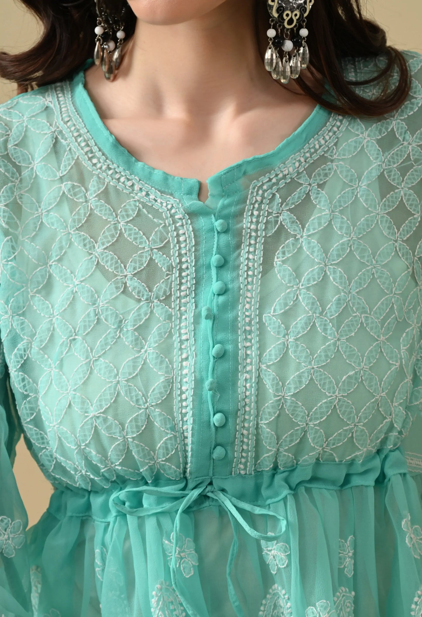 SOFT GEAORGETTE CHIKAN HANDWORK SHORT GOWN | MINT GREEN