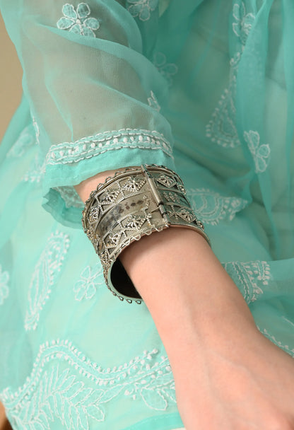 SOFT GEAORGETTE CHIKAN HANDWORK SHORT GOWN | MINT GREEN