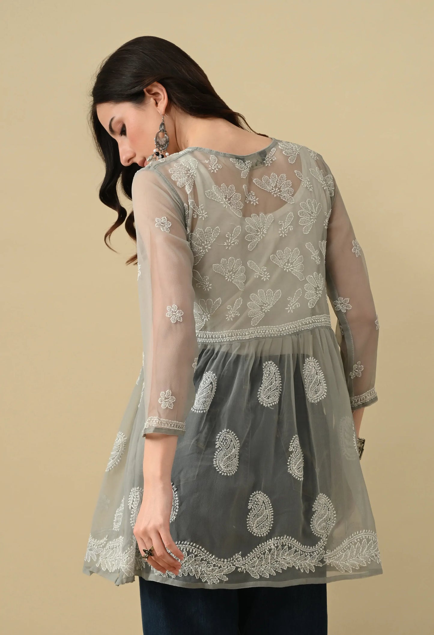 SOFT GEAORGETTE CHIKAN HANDWORK SHORT GOWN | GREY