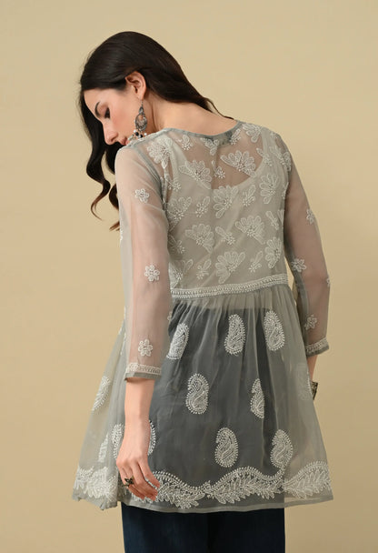 SOFT GEAORGETTE CHIKAN HANDWORK SHORT GOWN | GREY