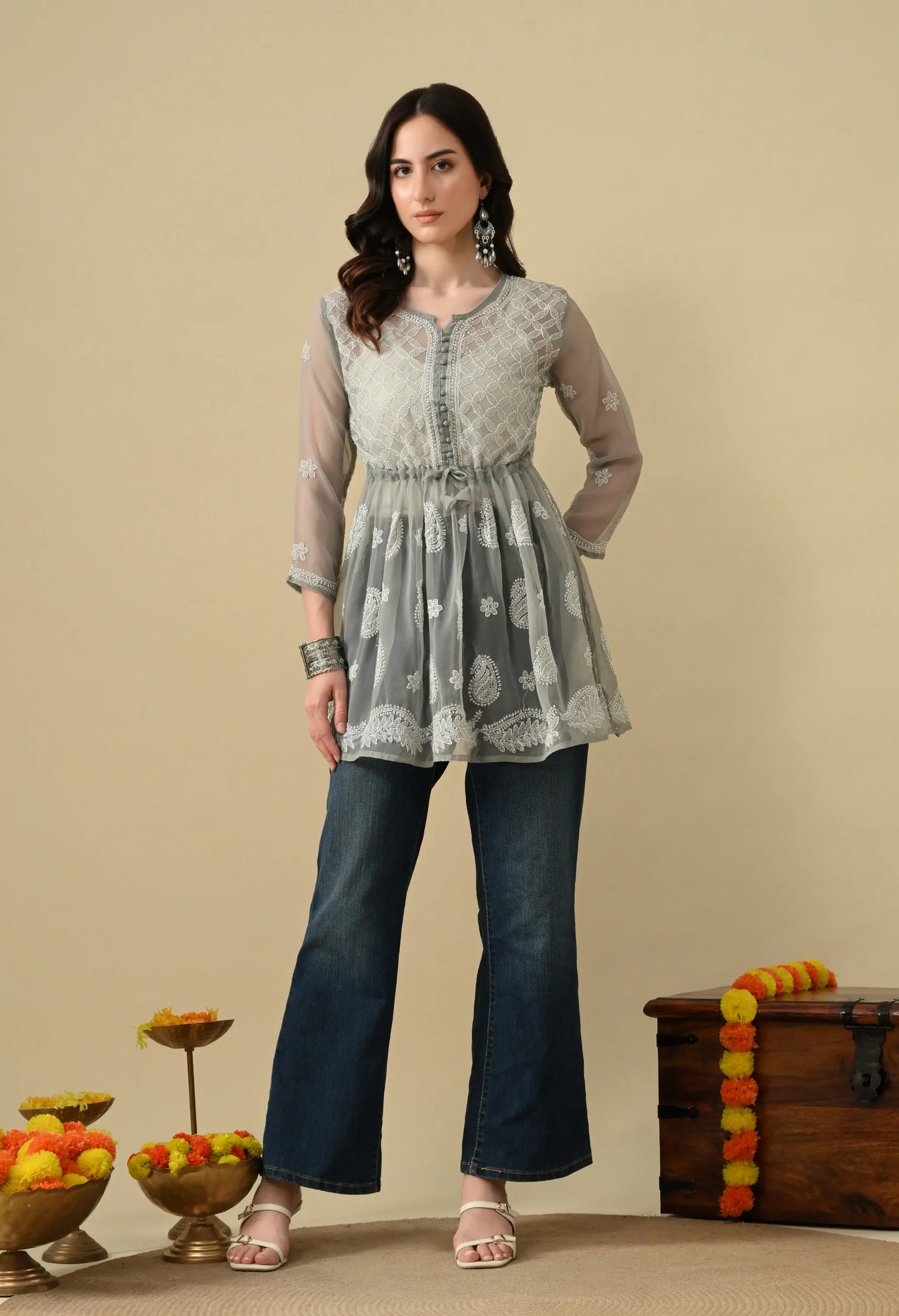 SOFT GEAORGETTE CHIKAN HANDWORK SHORT GOWN | GREY