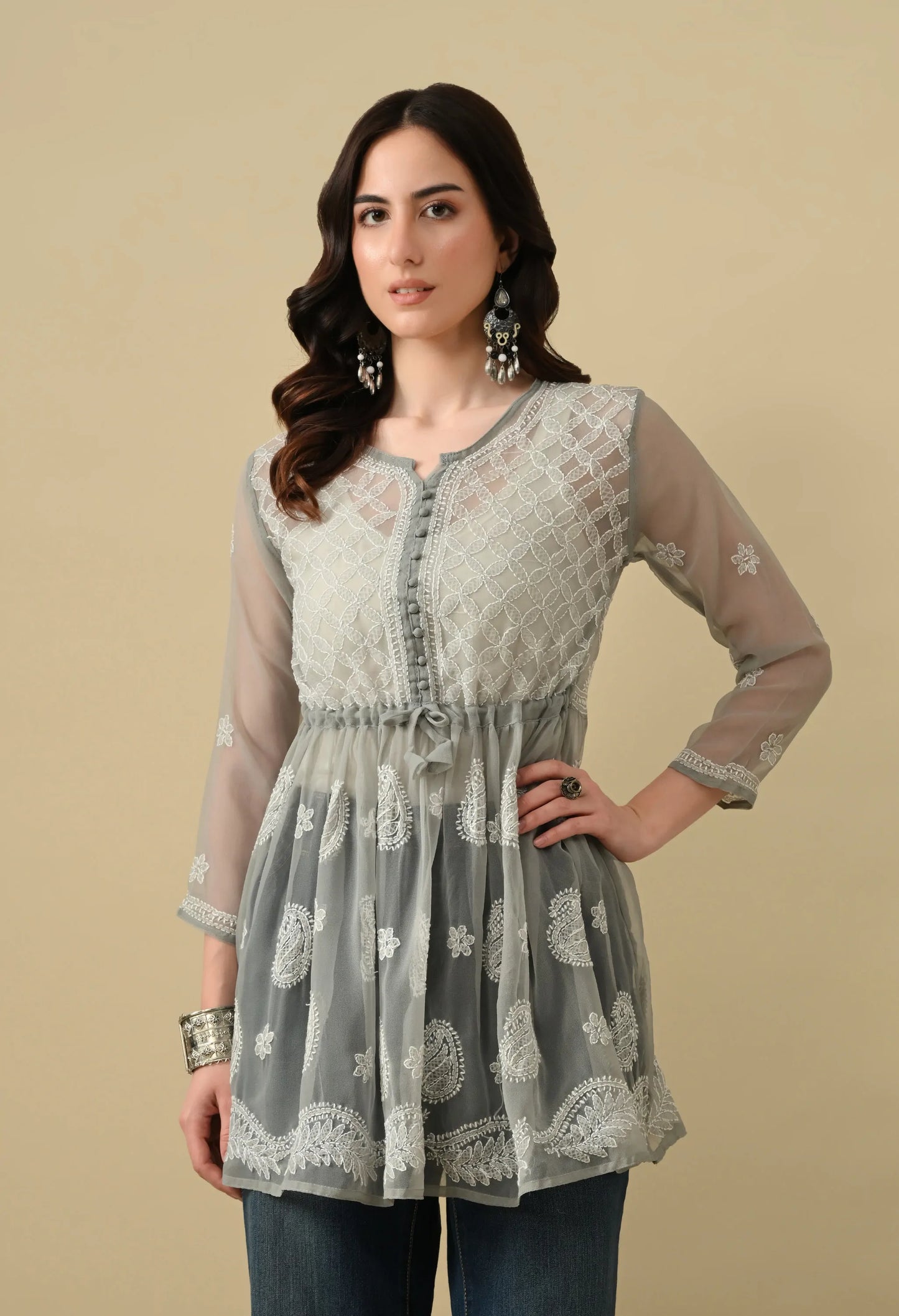 SOFT GEAORGETTE CHIKAN HANDWORK SHORT GOWN | GREY