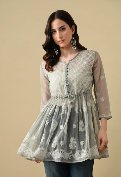 SOFT GEAORGETTE CHIKAN HANDWORK SHORT GOWN | GREY