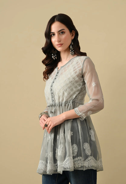 SOFT GEAORGETTE CHIKAN HANDWORK SHORT GOWN | GREY