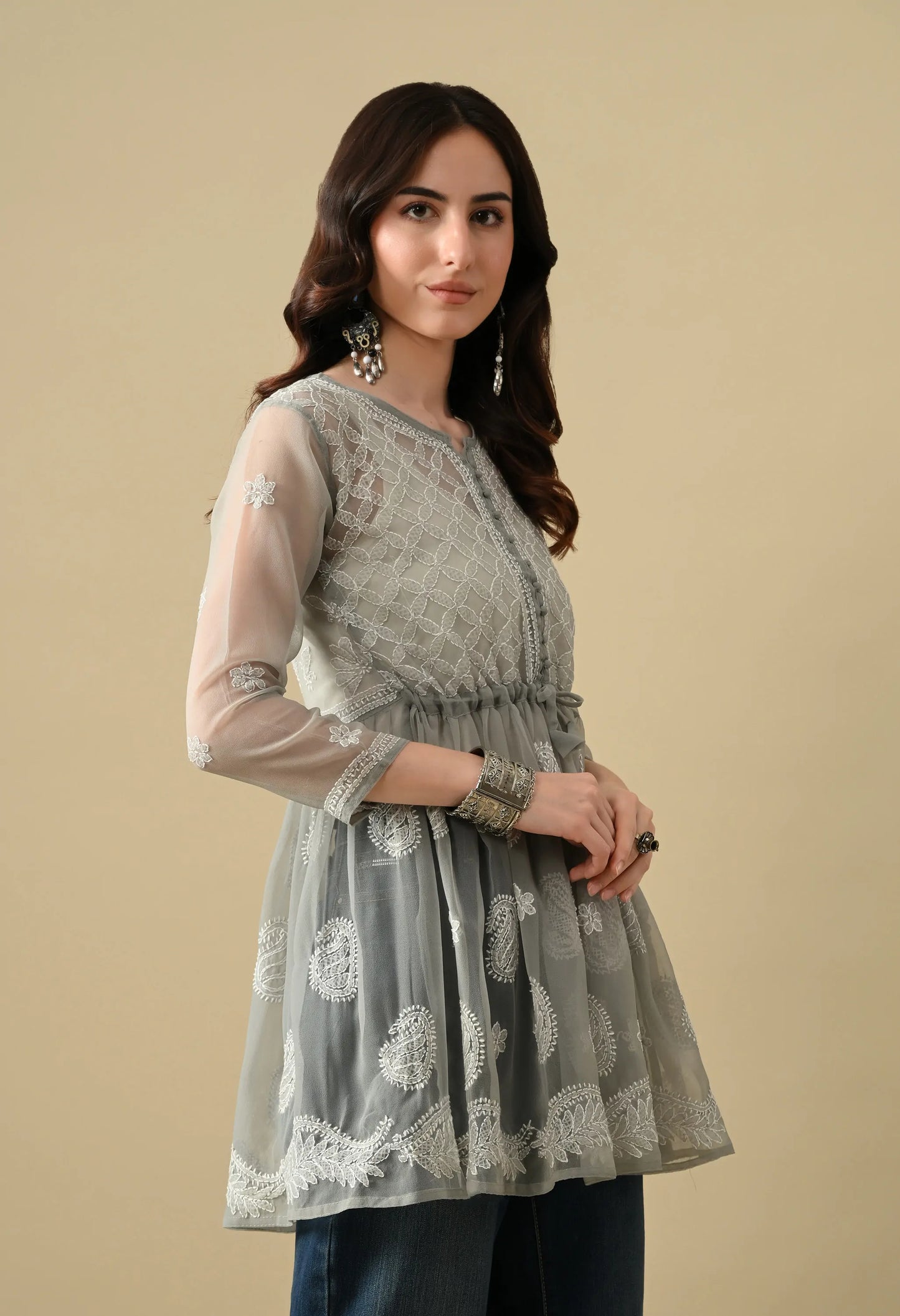 SOFT GEAORGETTE CHIKAN HANDWORK SHORT GOWN | GREY