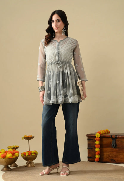 SOFT GEAORGETTE CHIKAN HANDWORK SHORT GOWN | GREY
