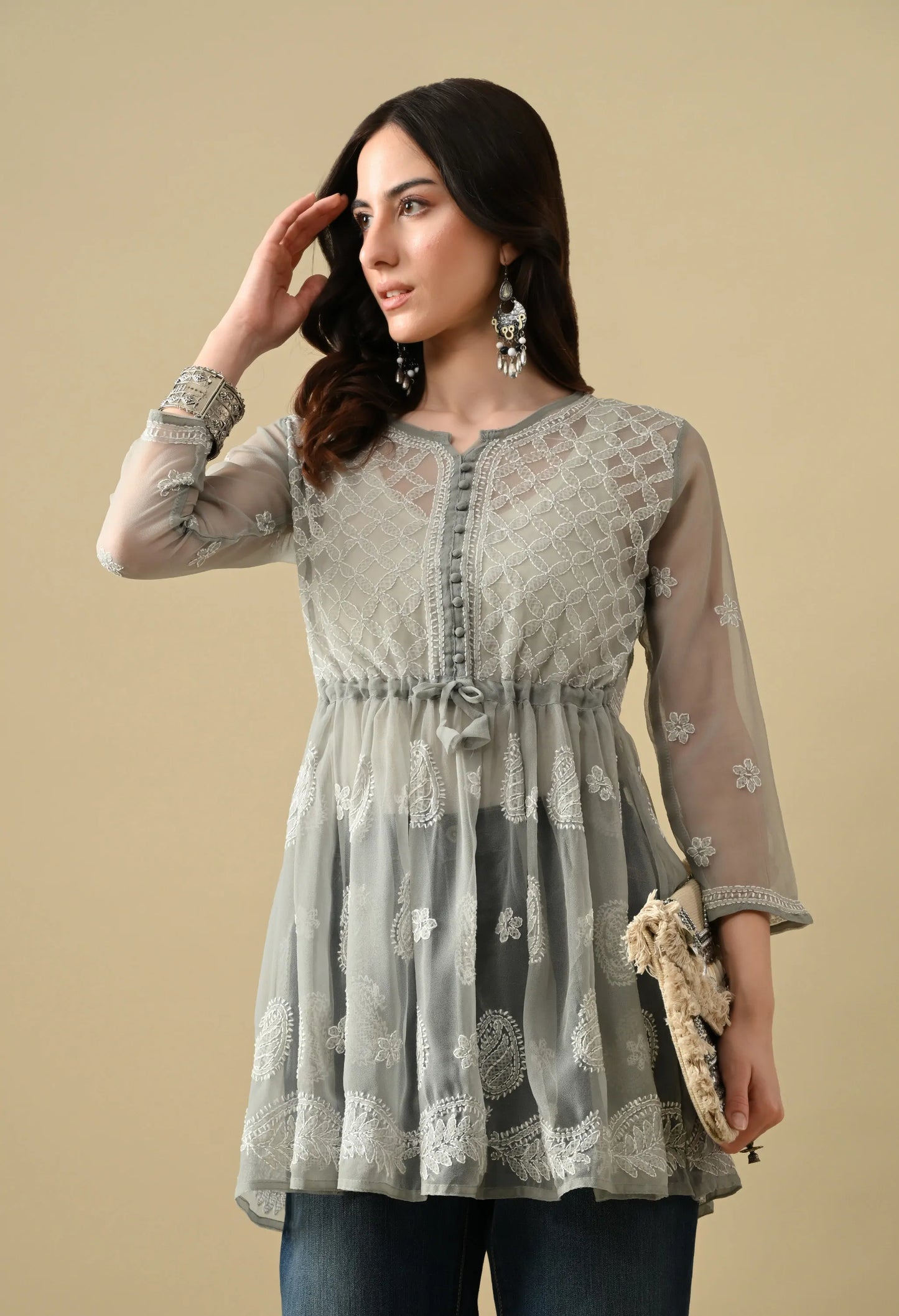 SOFT GEAORGETTE CHIKAN HANDWORK SHORT GOWN | GREY