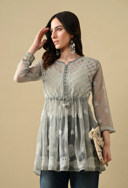 SOFT GEAORGETTE CHIKAN HANDWORK SHORT GOWN | GREY