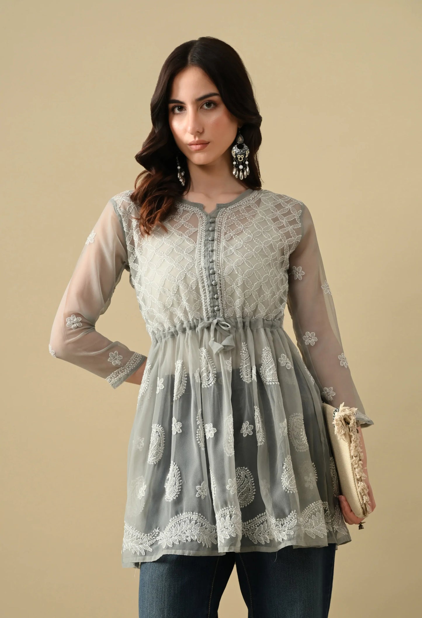 SOFT GEAORGETTE CHIKAN HANDWORK SHORT GOWN | GREY