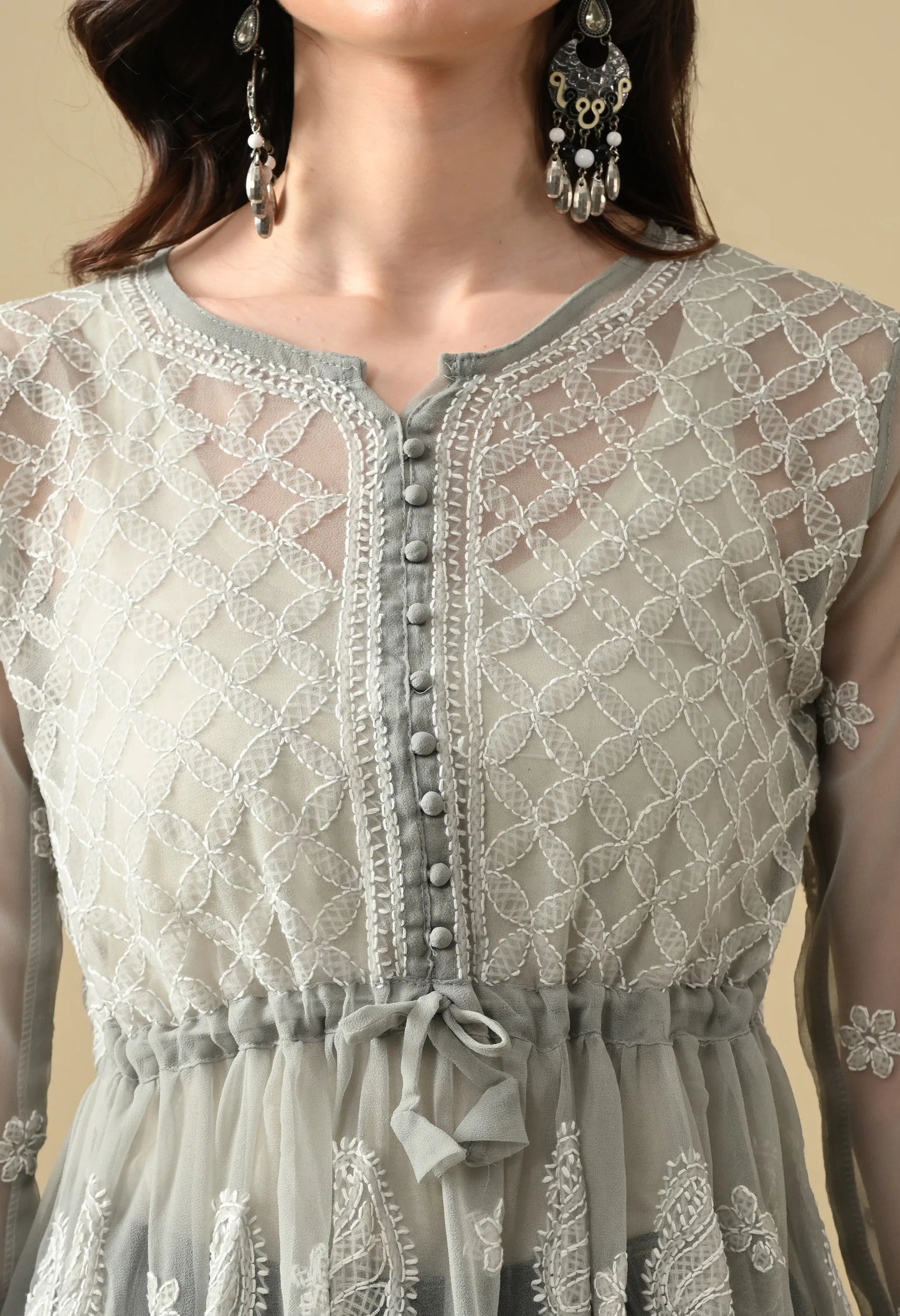 SOFT GEAORGETTE CHIKAN HANDWORK SHORT GOWN | GREY