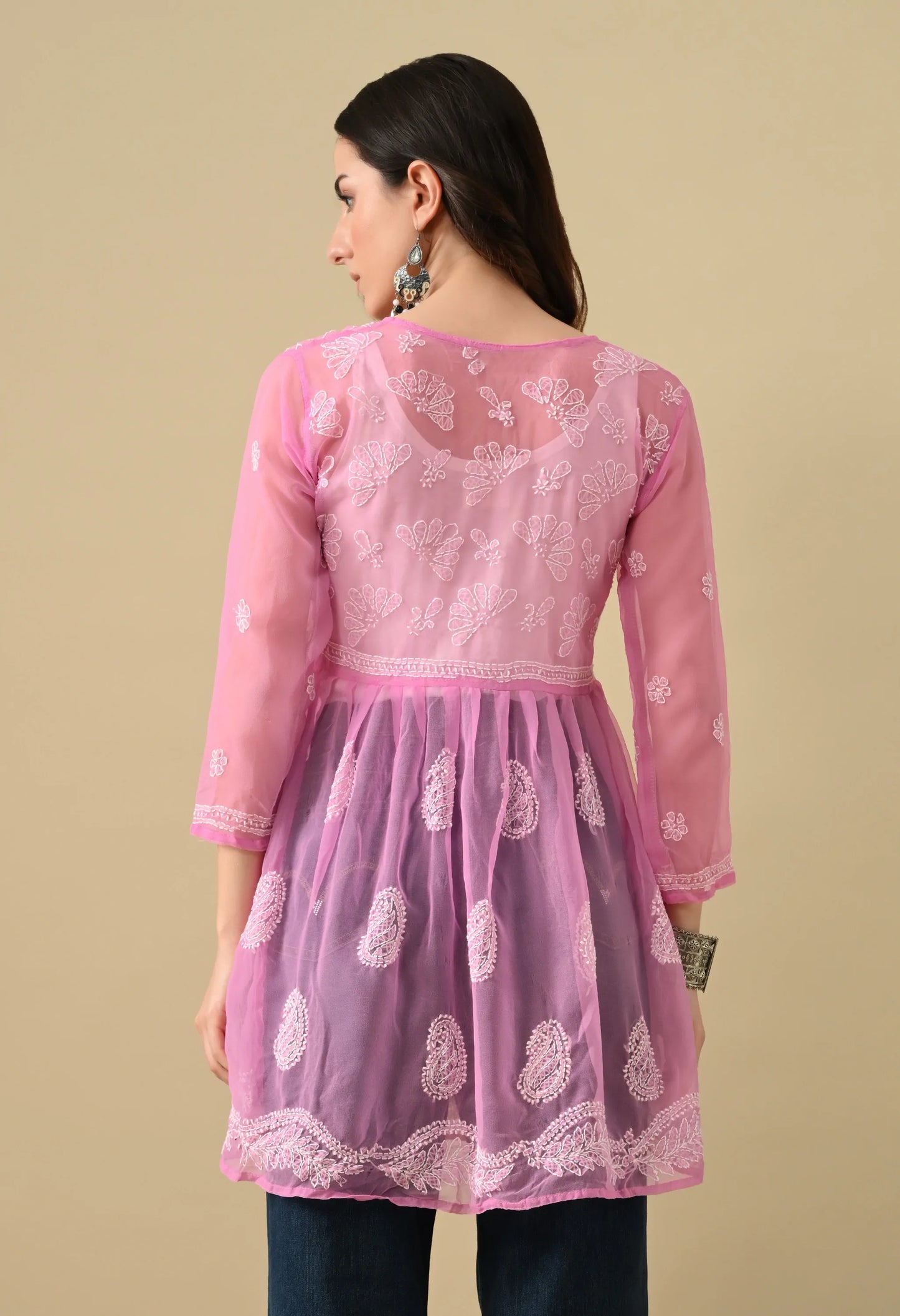 SOFT GEAORGETTE CHIKAN HANDWORK SHORT GOWN | PINK