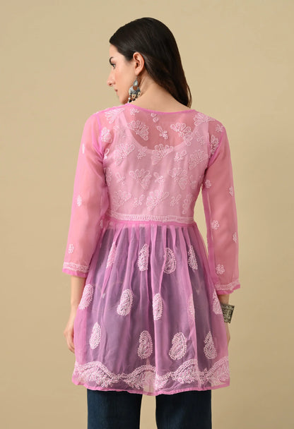 SOFT GEAORGETTE CHIKAN HANDWORK SHORT GOWN | PINK